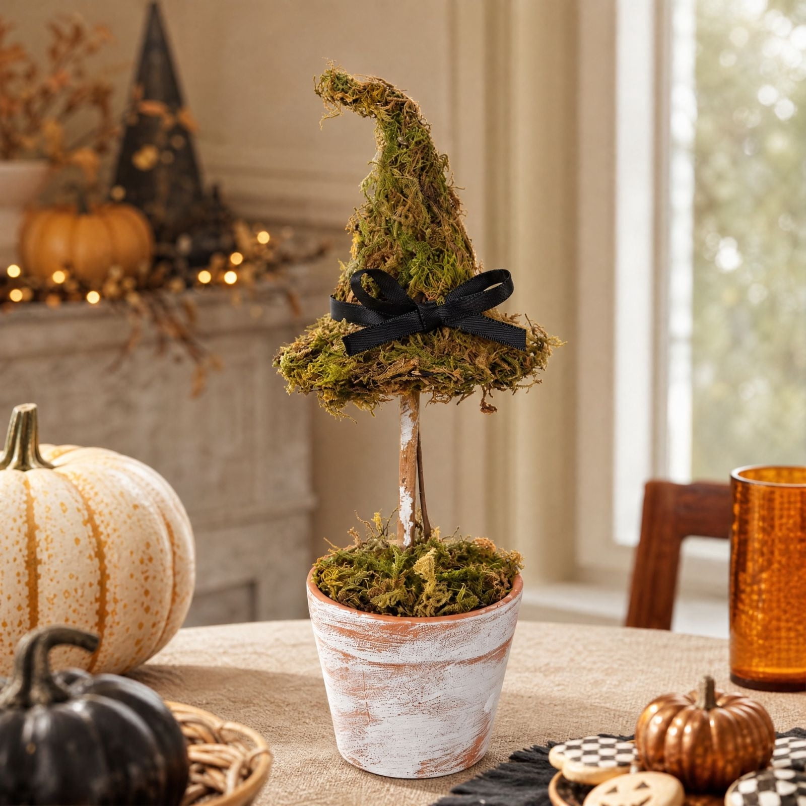 Byndra Halloween Witch Hat Topiary, Halloween Decorations Indoor Outdoor Rustic Farmhouse Decor, 8.7 Inch Plastic Moss Pot Tabletop Ornament for Tiered Tray, Mantel, Shelf