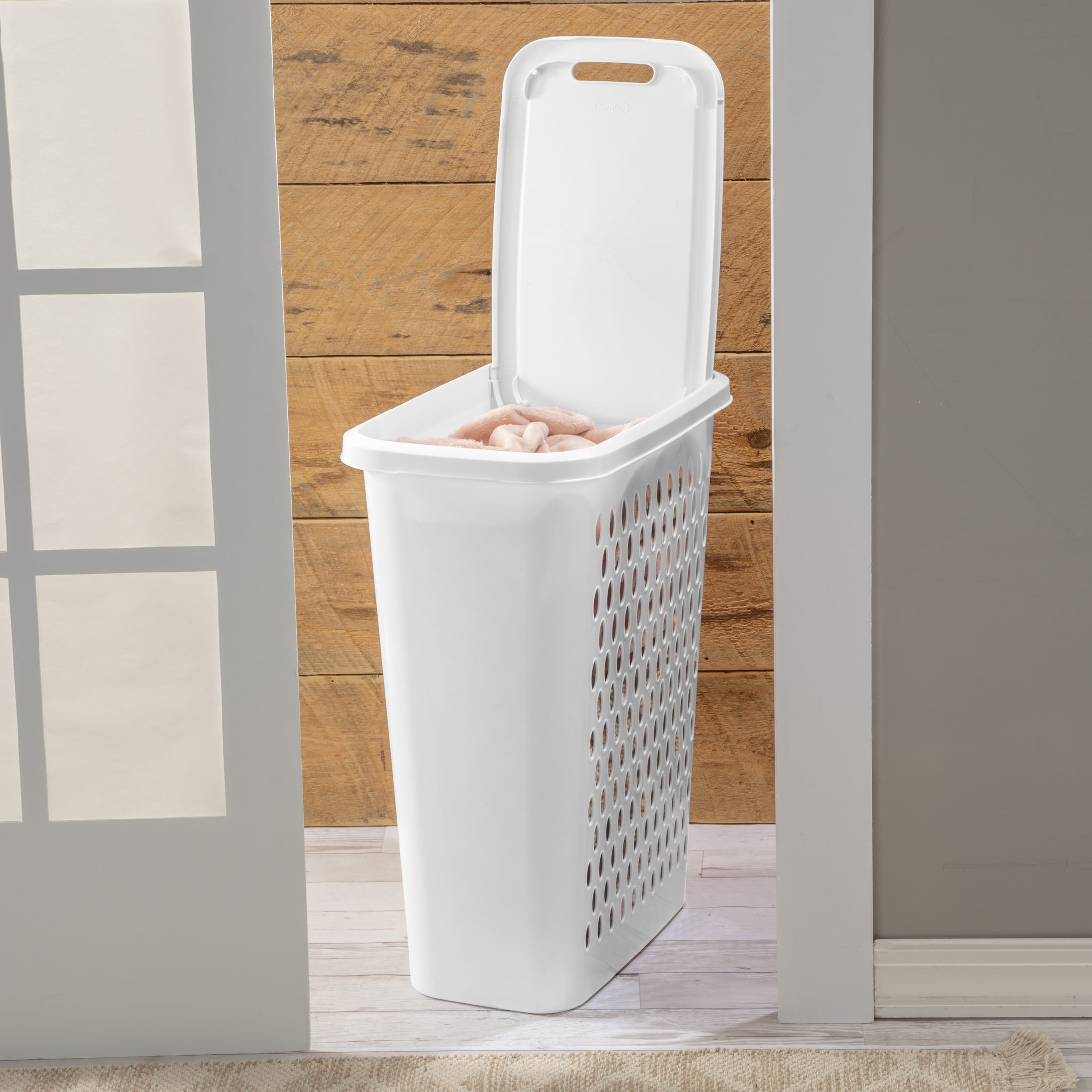 Sterilite Slim Laundry Hamper, Plastic, Lift-top Lid and Integrated Handles, White, 4 Count