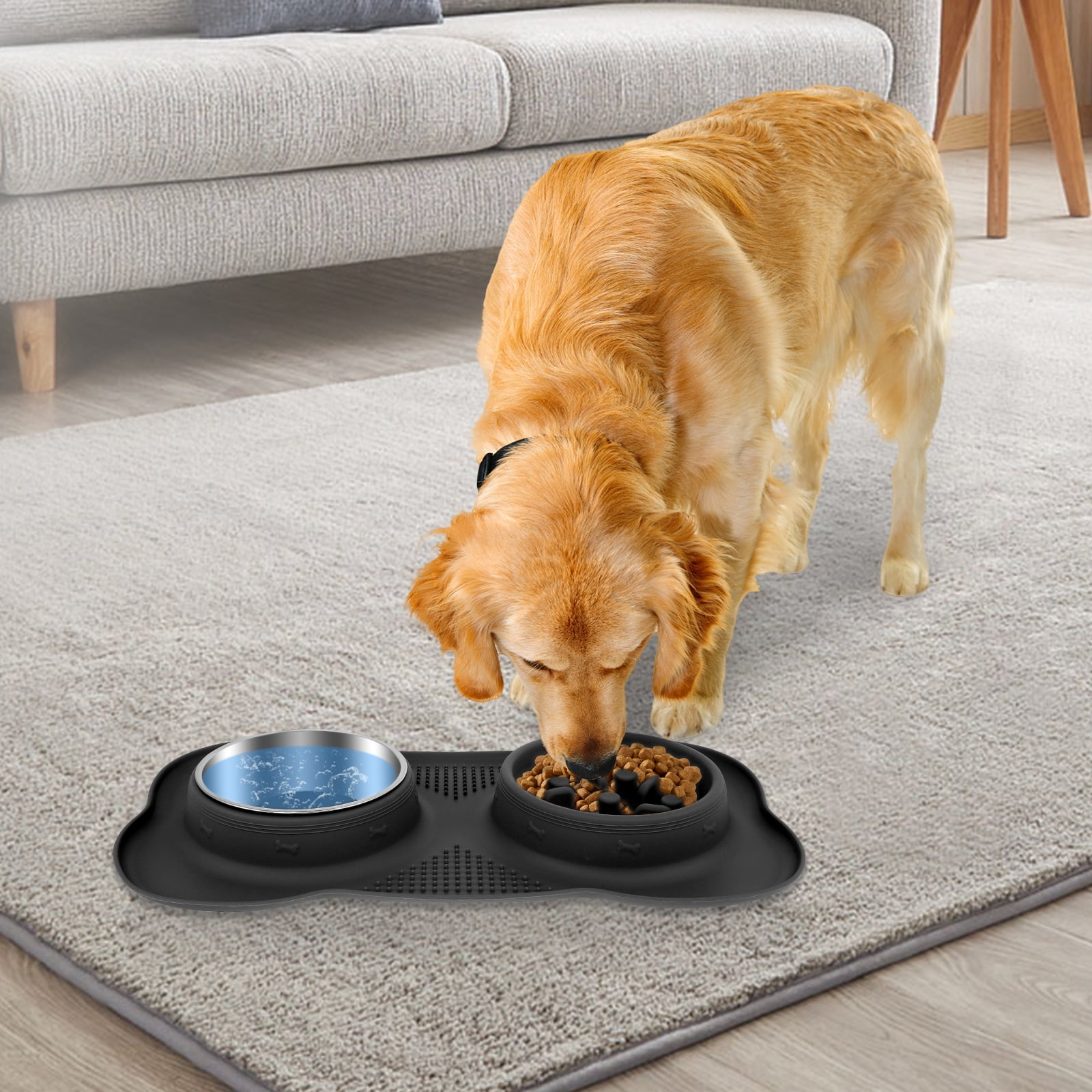 Slow Feeder Dog Bowl with Nonslip Silicone Mat Slow Eating Cat Bowl Detachable Slow Feeder and Water Bowl Set Dog Slow Feeding Bowl Stainless Steel Water Bowl for Dogs Cats