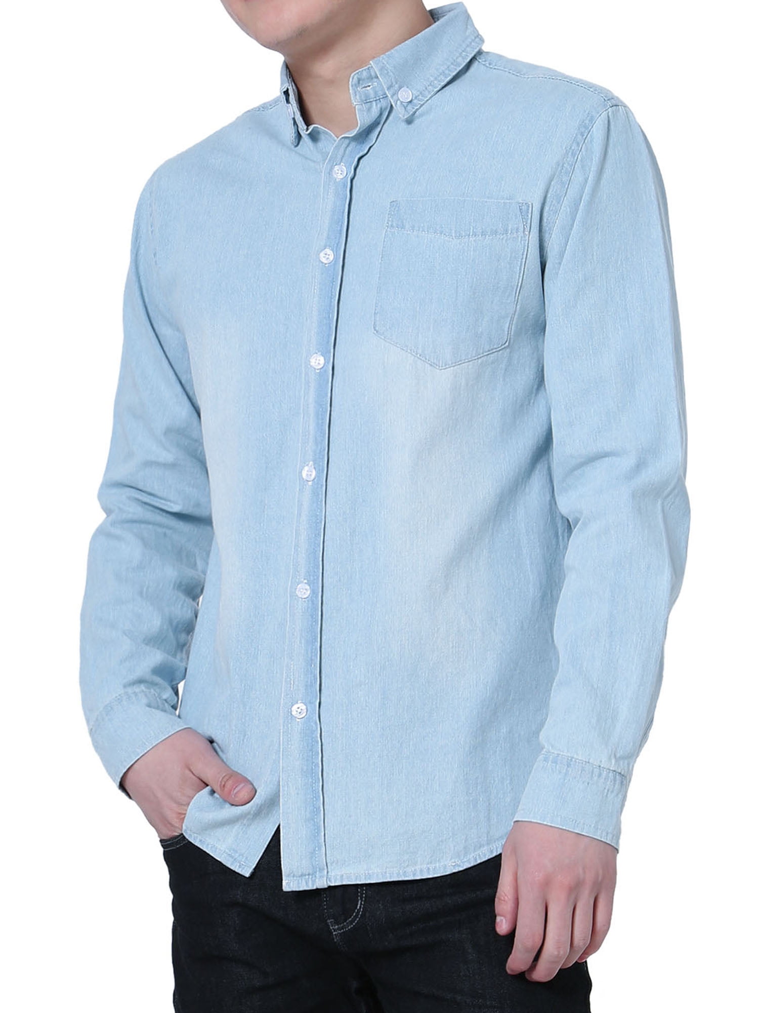uxcell Men Long Sleeve Buttoned Denim Shirt