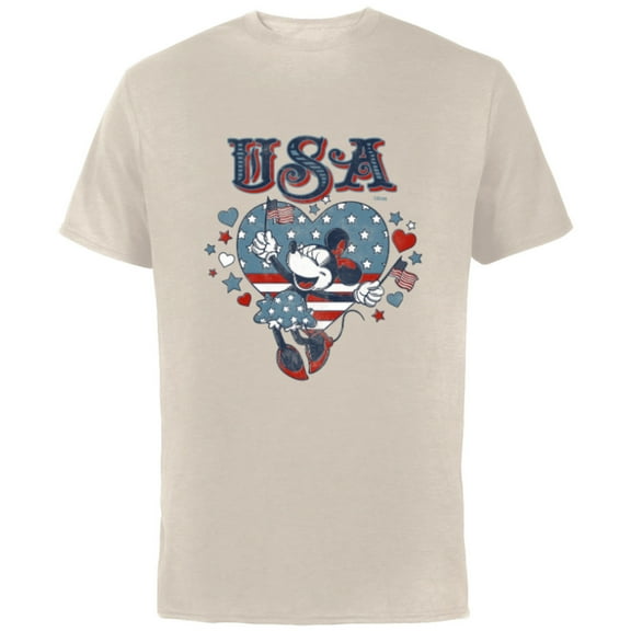 Disney Minnie Mouse with American Flags USA 4th of July - Short Sleeve Cotton T-Shirt for Adults - Customized-Natural