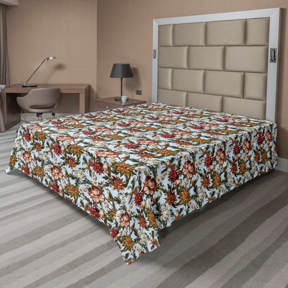 Ambesonne Botanical Flat Bedding Sheet Soft Top Sheet, Bird Print Spring Flowers, King, Soft Blue and Multicolor