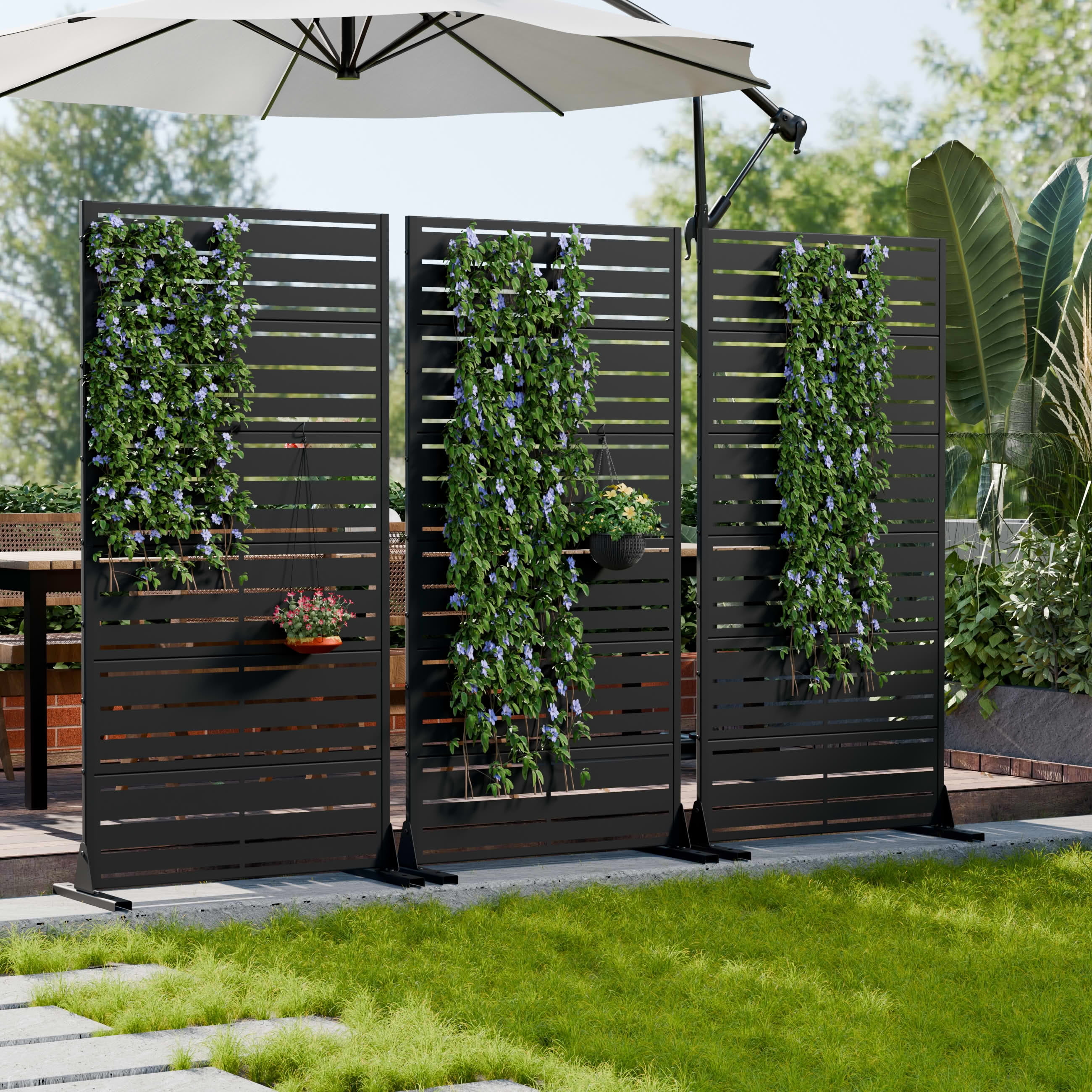 MAYEERTY 2-Piece 72"x35" Freestanding Privacy Fence, 6-Panel Black Galvanized Steel Screen, Wide-1 Narrow-2 Slats for Outdoor Yard