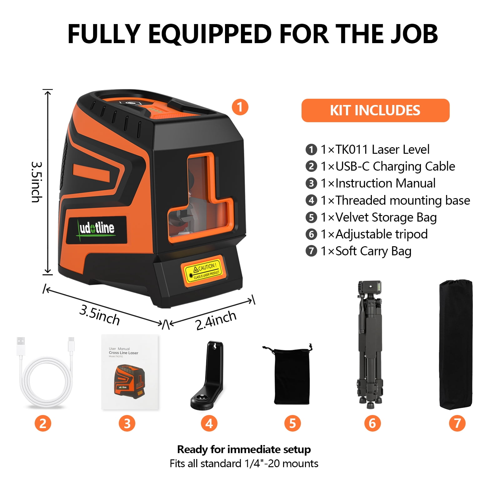 Green Laser Level 2 Line TK011, Ultra Bright Cross Line, 2s Self Leveling,  ±3mm Accuracy, 2200mAh Rechargeable, Shockproof Durable Build for Jobsite (Tripod Kit – Full Setup with Tripod)