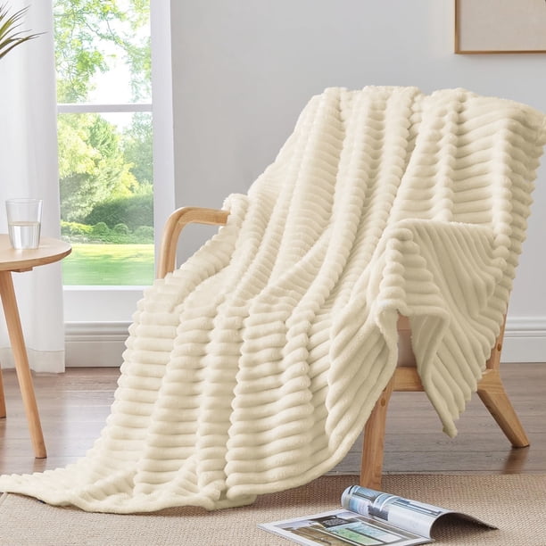 Cobija para Sofá, Sillón, Cama, Cobija de Cama Súper Suave de 230GSM a Rayas Beige para Oficina, Picnic, Viaje, Recámara, Cálida, Acogedora, Ligera, Decoración Del Hogar para Todas las Estaciones, 50