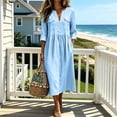 thumbnail image 6 of Ayolanni Women's Fall Dress 3/4 Sleeve Cotton V Neck A-Line Maxi Dresses Side Slit Solid Daily Flowy Long Dress with Pockets Blue M, 6 of 7