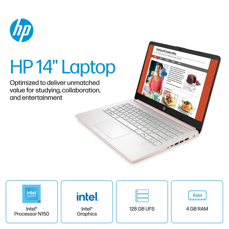 HP - 14" Laptop - Intel Processor N150 - 4GB Memory - 128GB UFS - Pale Rose Gold