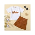 thumbnail image 2 of Seyurigaoka 2 Pieces Baby Girls Summer Suit Set, Letter Print Round Neck Short Sleeve Tops + Solid Color Leather Mini Skirt, 2 of 9