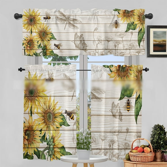 MAWCLOS Short Curtain Rod Pocket Window Drapes Decor Modern Half Kitchen Curtains Light Filtering Decorative Sunflower Print Luxury Tier Style G 2pc: 27.5x24in