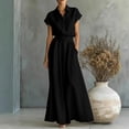 thumbnail image 2 of Womens Casual Two Piece Outfit Short Sleeve Collared Shirt High Waist Wide Leg Pants with Pockets Solid Color Loungewear Set Black S(S), 2 of 7