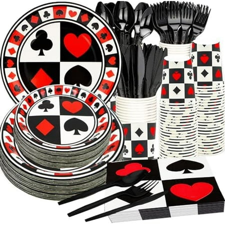 175Pcs Casino Party Supplies Casino Tableware Set 9"& 7"Casino Poker Paper Plates Casino Napkins Cups Knives Forks Spoons for Casino Night Poker Game Theme Casino Birthday Party Decorations |Serve25