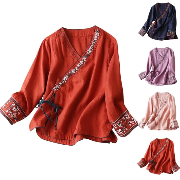 Wooowa Women 3/4 Sleeve Cotton Linen Blouses Retro Chinese Button Tops Floral Embroidered Shirts Mandarin Collar T Shirt