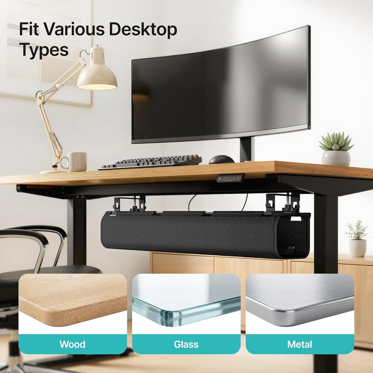 No Drill Under Desk Cable Management Tray, 31.5" Clamp Mount Desk Cable Organizer, Large Capacity Fabric Cord Management for Power Strips & Wires, Under Desk Wire Management for Office & Home