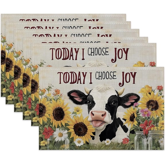 Rustic Cow Fabric Placemats,Country Sunflower Table Placemats Set of 6 Cloth Place Mats, Washable Heat-Resistant Table Mats for Home Kitchen Dining Room Decoration 11.8x17.7 Inch