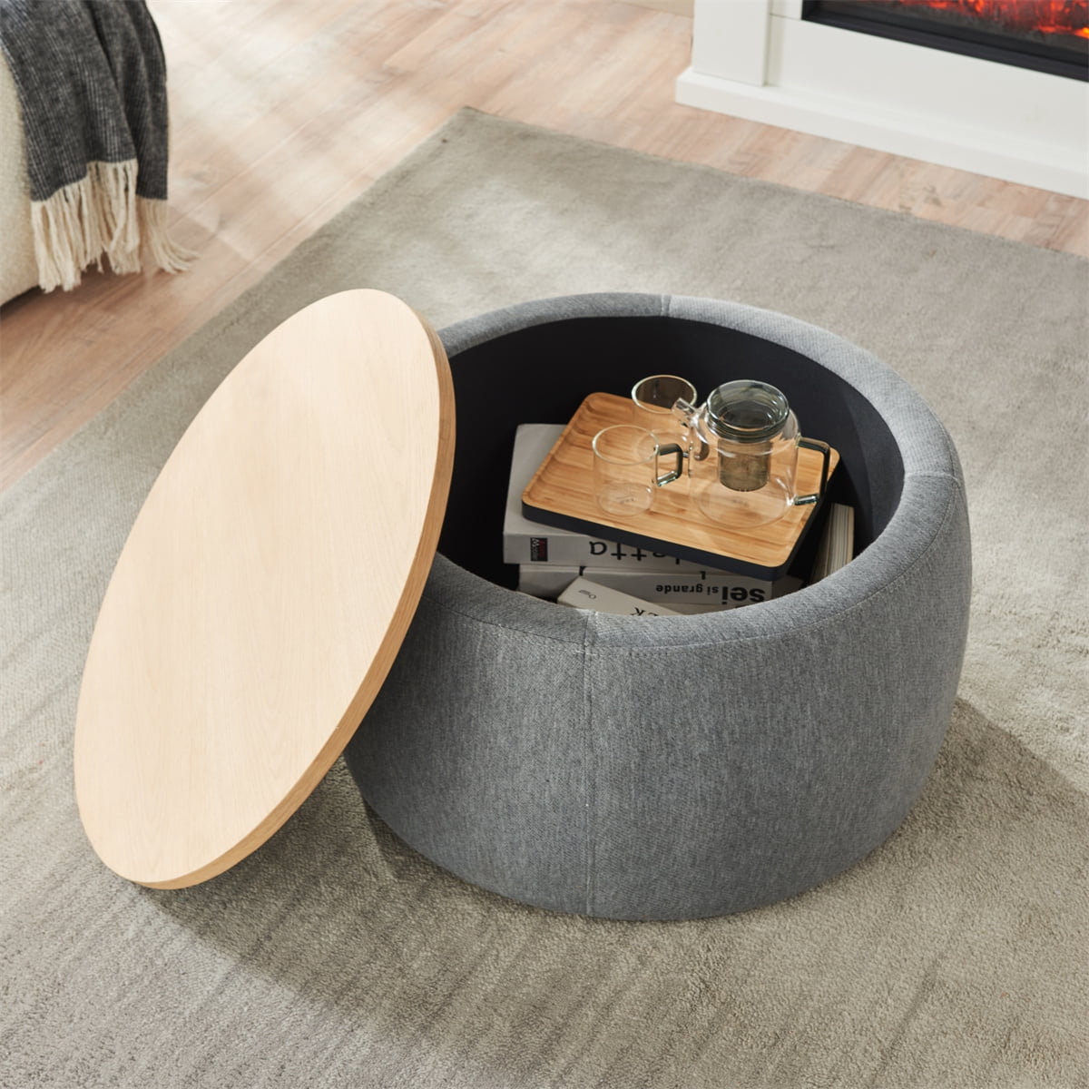 Round Storage Ottoman, Upholstered Coffee Table with Wooden Lid, 2 in 1 Function End Table Footstool for Living Room Office, Work as Side Table & Ottoman & Seat, Dark Gray, 25.5''x25.5''x14.5''