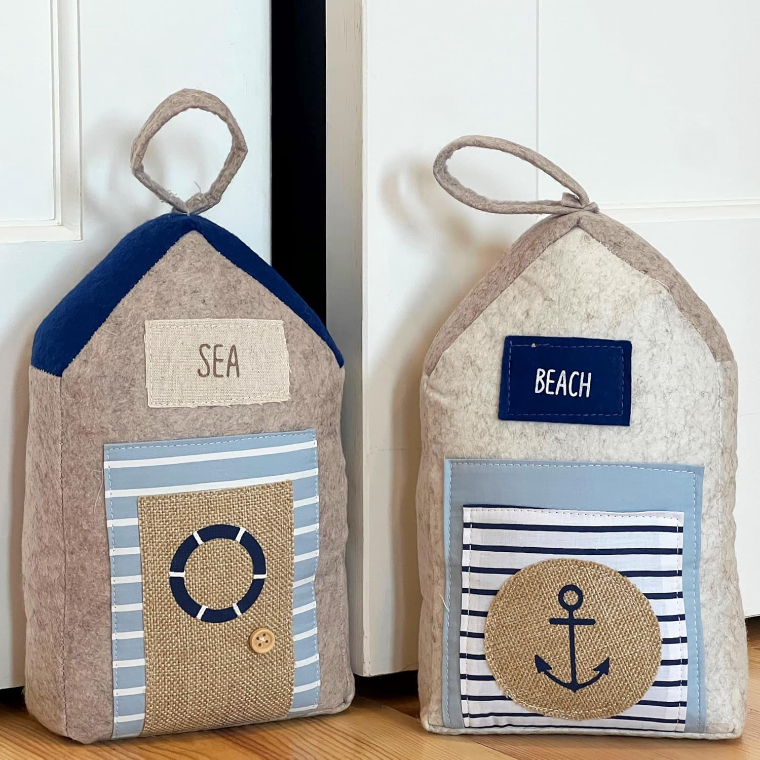 Coastal Cabana Soft Door Stops, Jute, Cotton, Loop Tops, Weighted, 11.75 Inches, House Shaped with Anchor and Lifesaver Fabric Embellishments