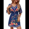 thumbnail image 3 of Vestido Bordado de Fiesta para Mujer, para Vacaciones en la Playa, Talla Grande, Corta, Estilo Bohemio de Verano con Bolsillo. Azul S, 3 of 10