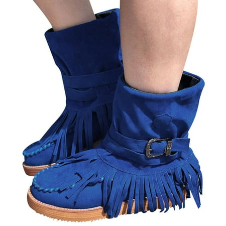 

Rome Style Women Ethnic Boots Suede Tassel Fringe Pleated Short Boot Flat Cozy Shoes 37