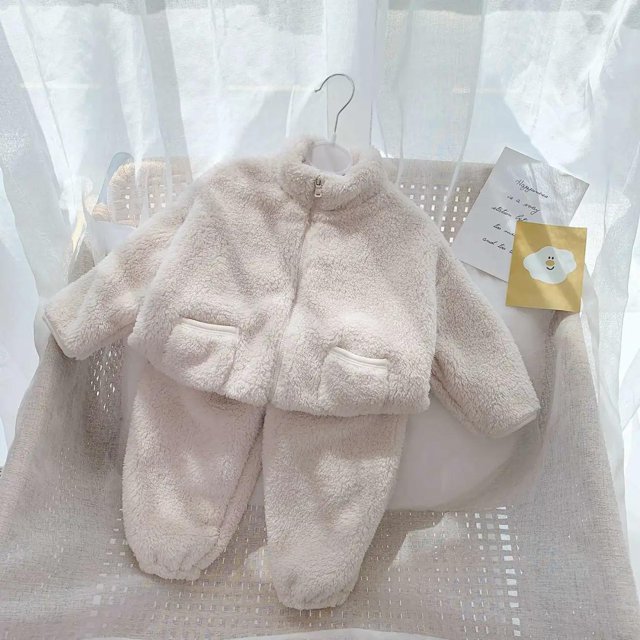 Traje de otoño e invierno para niños, franela con forro polar, grueso, cálido, elegante, ropa de casa, pijama, traje de dos piezas para niños y niñas
