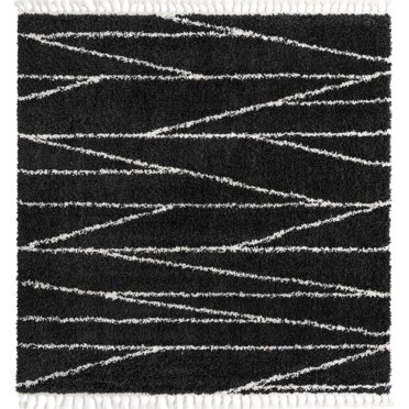 Rugs.com Serenity Shag Collection Rug – 8 Ft Square Black And White Shag Rug Perfect For Living Rooms, Kitchens, Entryways
