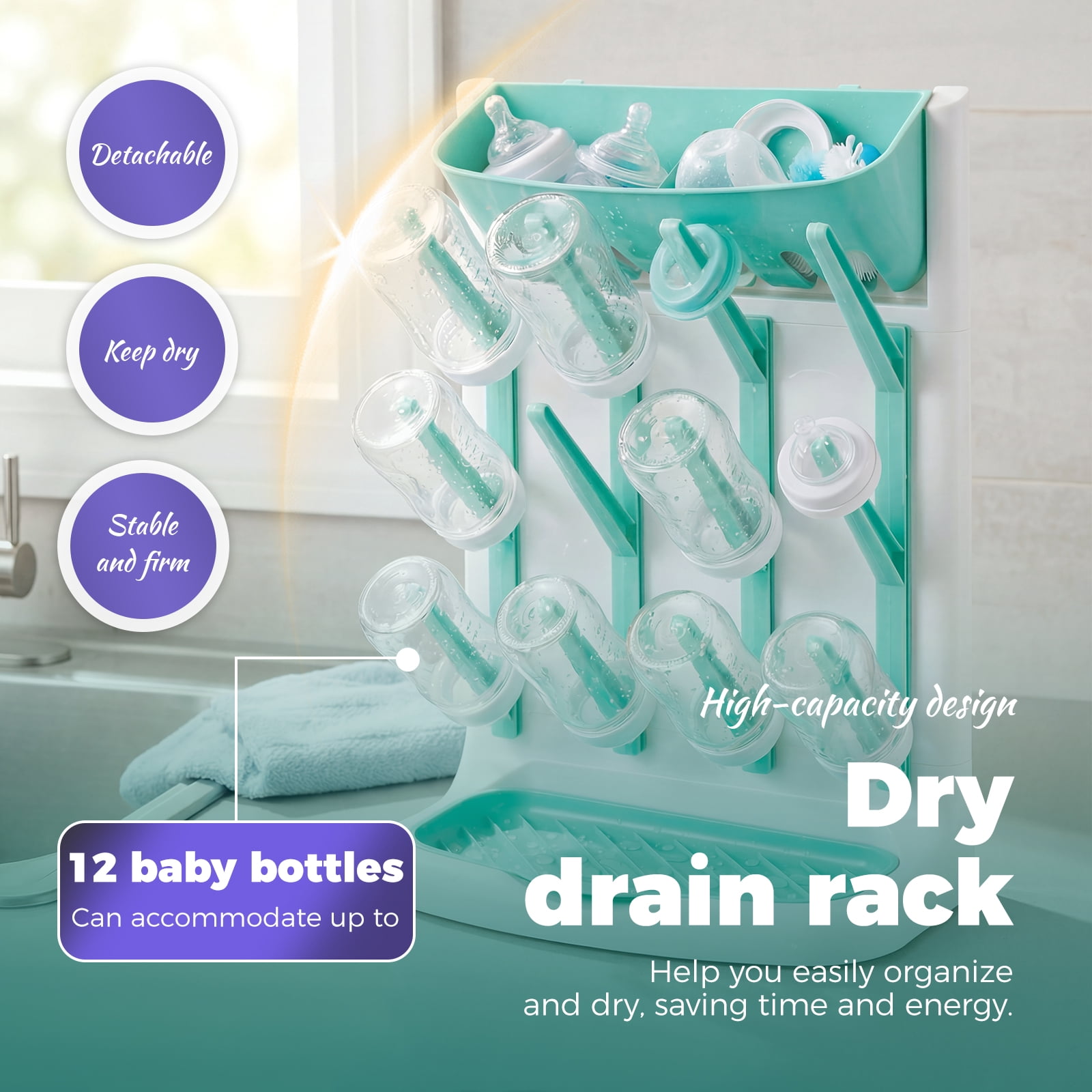 Baby Bottle Drying Rack Plastic Vertical Standing Bottle Dryer Holder with Detachable Bottom Drip Tray Space Saving for Kitchen Countertop