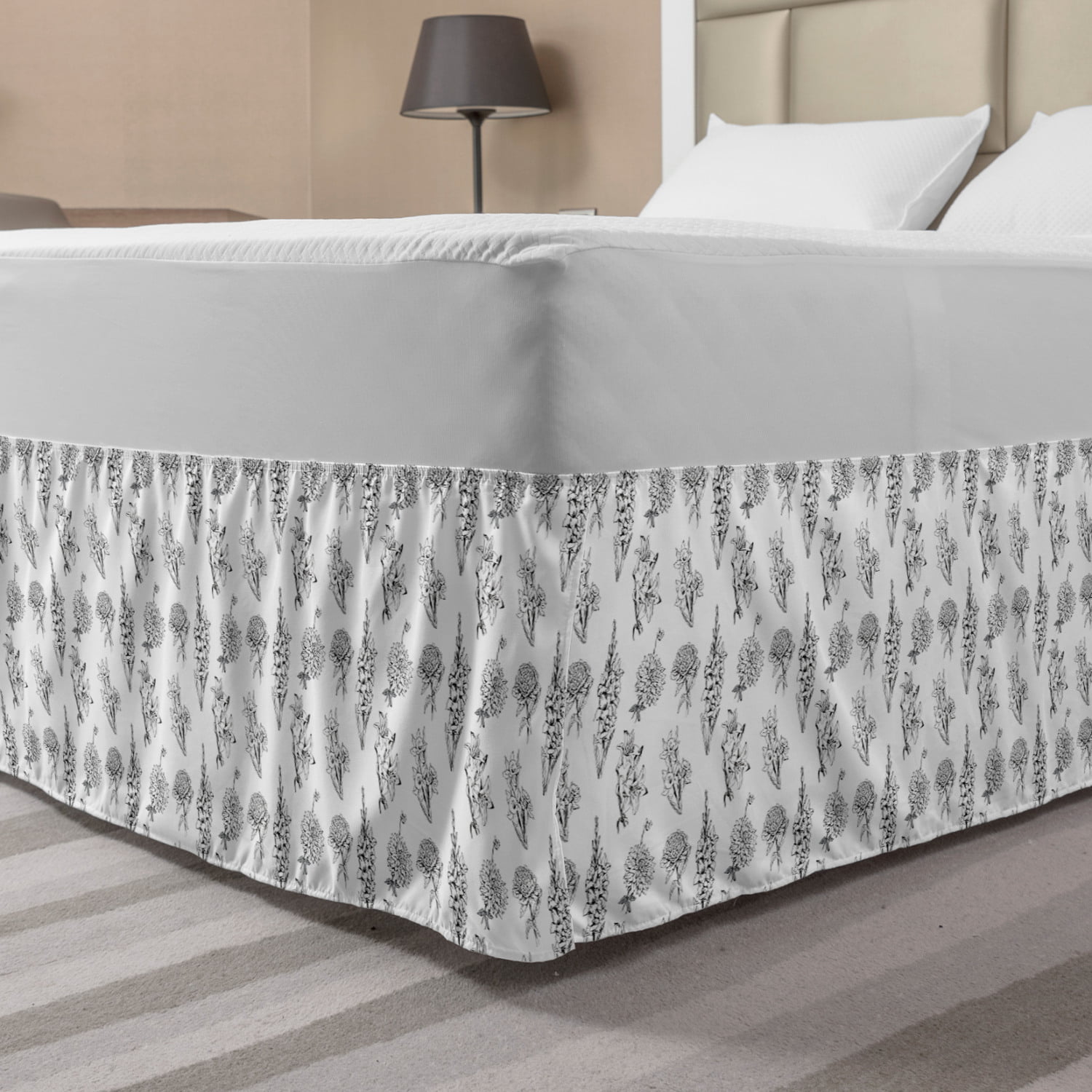 Floral Bed Skirt, Detailed Realistically Drawn Flowers and Leaves in ...