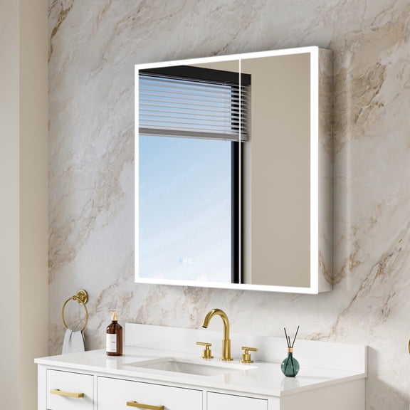 ANGELES HOME 36 in. x 36 in. Recessed/Surface Mount LED Medicine Cabinet with 3X Magnifier Mirror, Dual Doors, Anti-Fog and Built-In Outlets