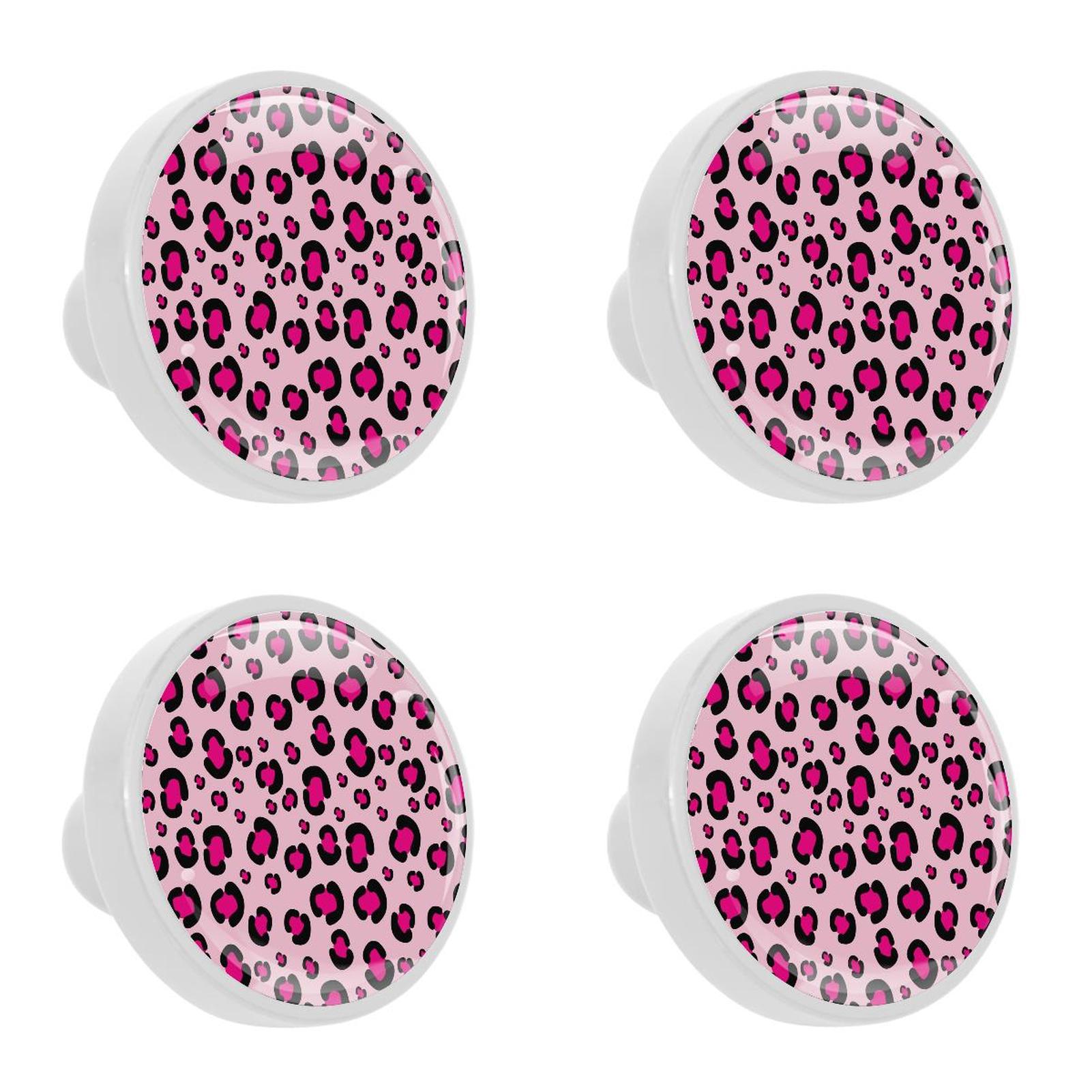 Ownta 4Pcs Kitchen Knob Round Girly Pink Rosy Leopard Print