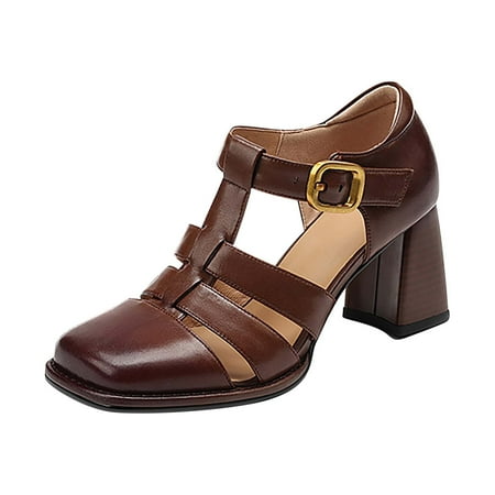 

Sandals Women Dressy Summer High Heel Shoes Fashion Literary Retro Hollow Roman Shoes Pu Leather Heeled Sandals Teachers College Student Shoe