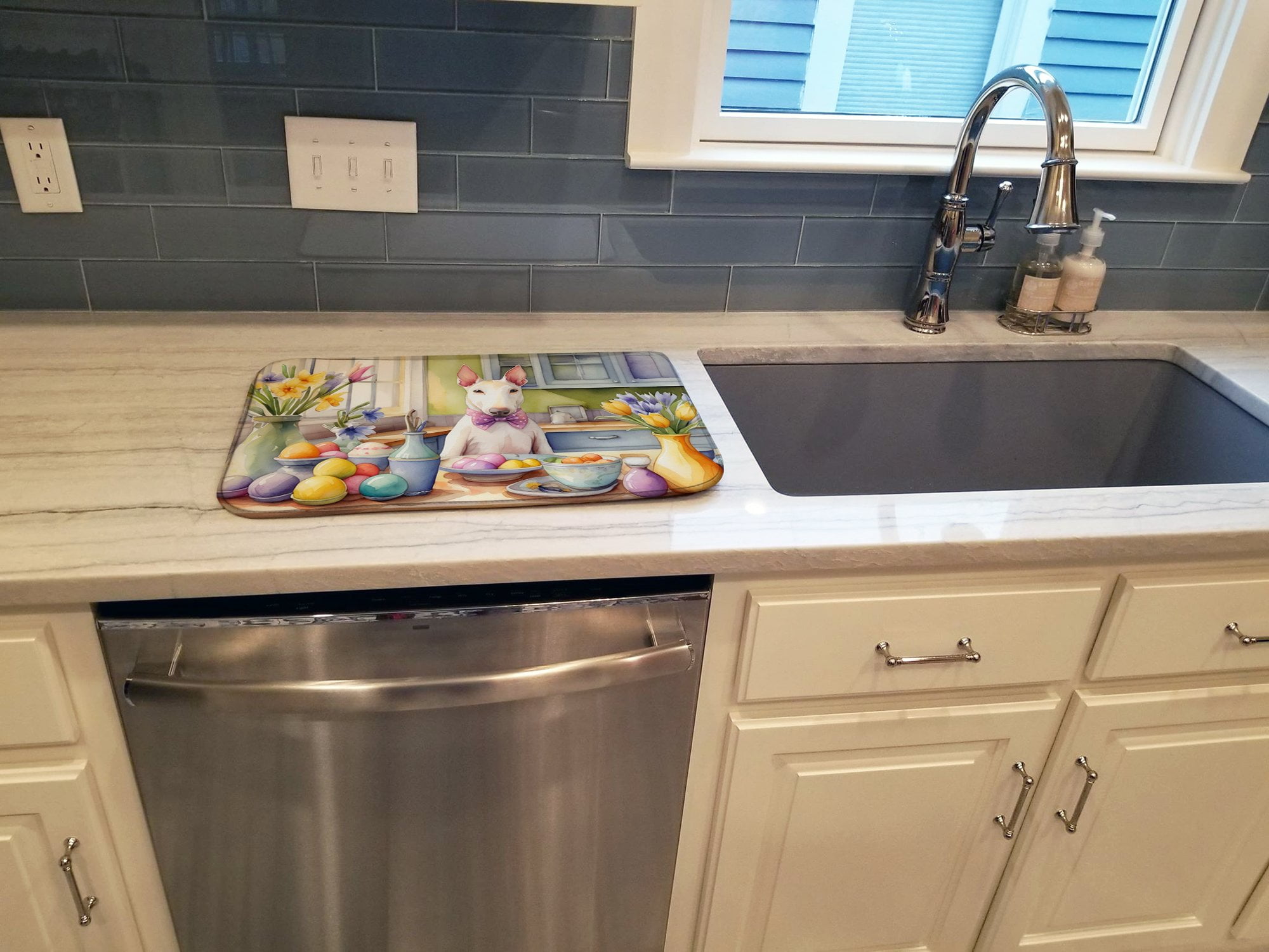 Decorating Easter Yorkshire Terrier Dish Drying Mat