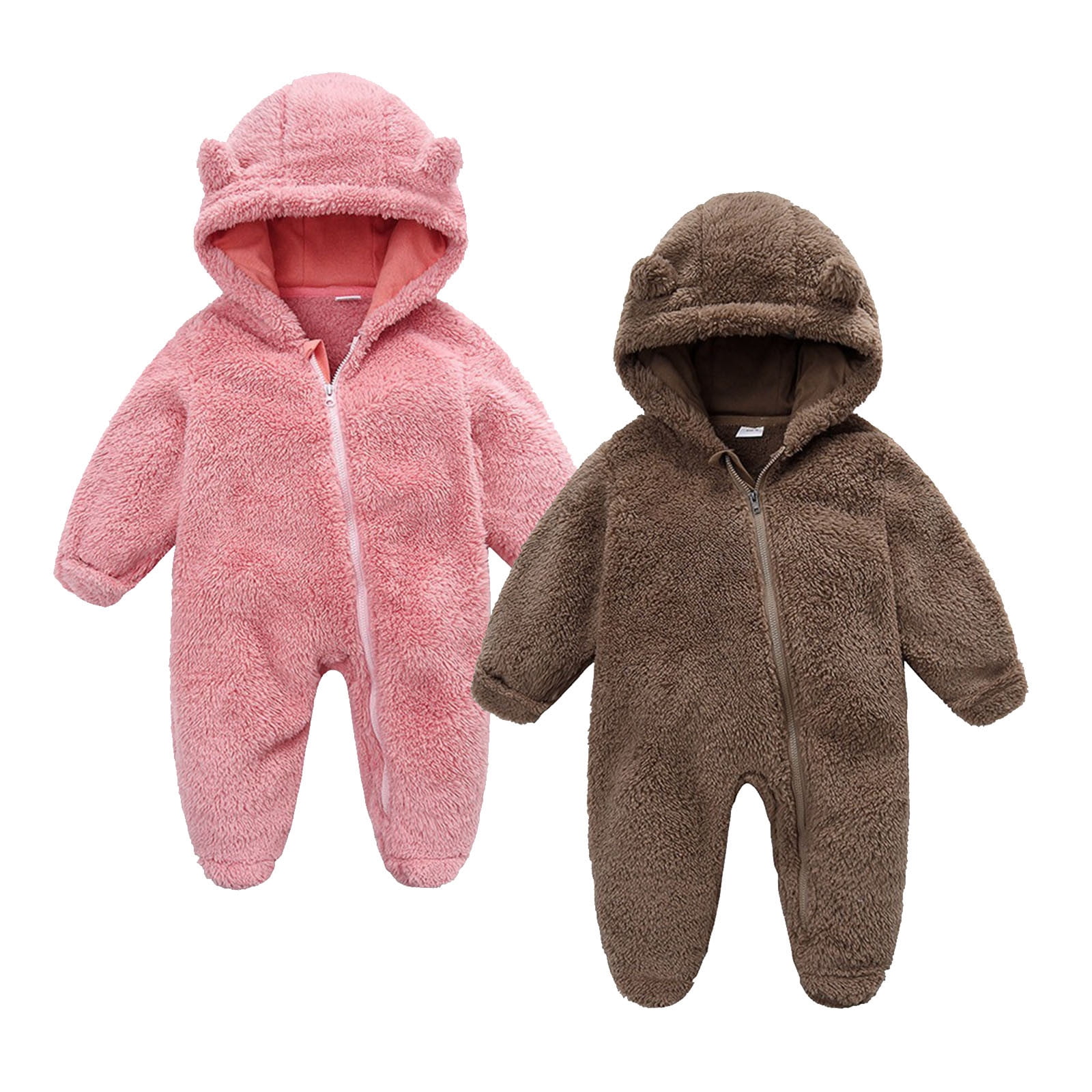 Riecok Baby Boy Girls Winter Warm Rompers Fleece Thick Jumpsuit Cute Bear Ears Hooded Solid Footed Sleepers Infant Onesies Coffee 12 Months