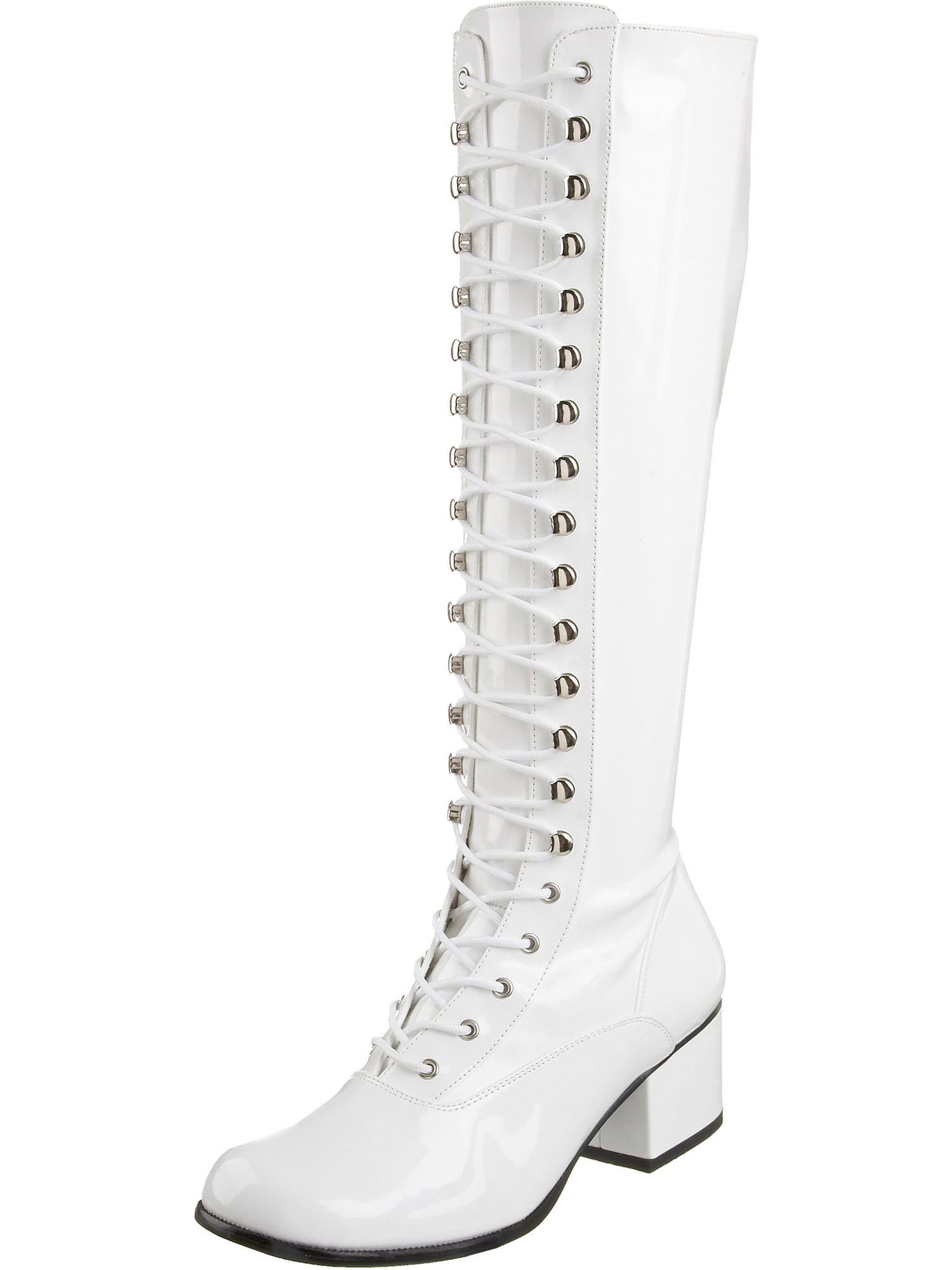 womens glossy white patent lace up knee 