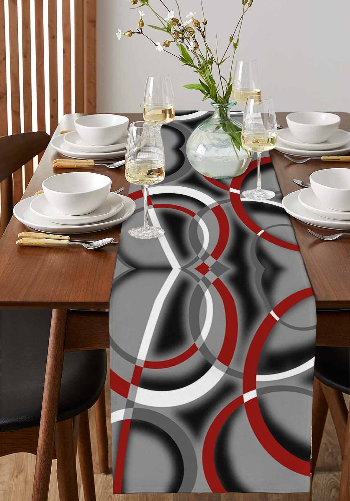 Grey Geometric Table Runner 72 Inches, Modern Abstract Black White Red Striped Bed Runner Dresser Scarves Tabletop for Indoor Outdoor Parties/Ceremony/Banquet, 16" x 72"