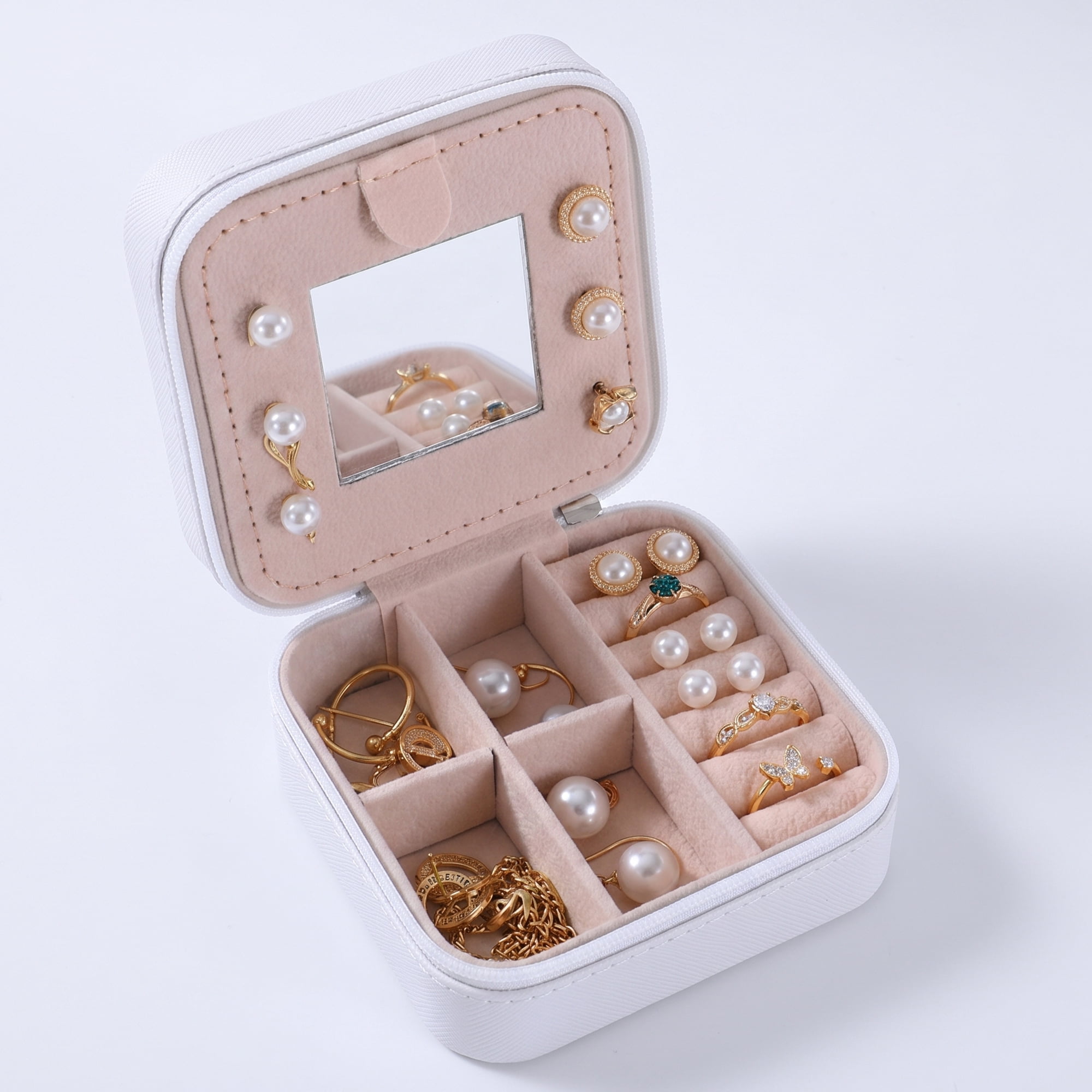 Travel Jewelry Box with Mirror Small Portable PU Leather Organizer Gifts White