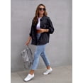 thumbnail image 4 of Ripped Raw Edge Oversized Denim Jacket, Distressed Collar Long Sleeves Denim Coat, Flap Pockets Single-breasted Button Up Loose Denim  Jacket, Women's Denim Jeans & Clothing, 4 of 7