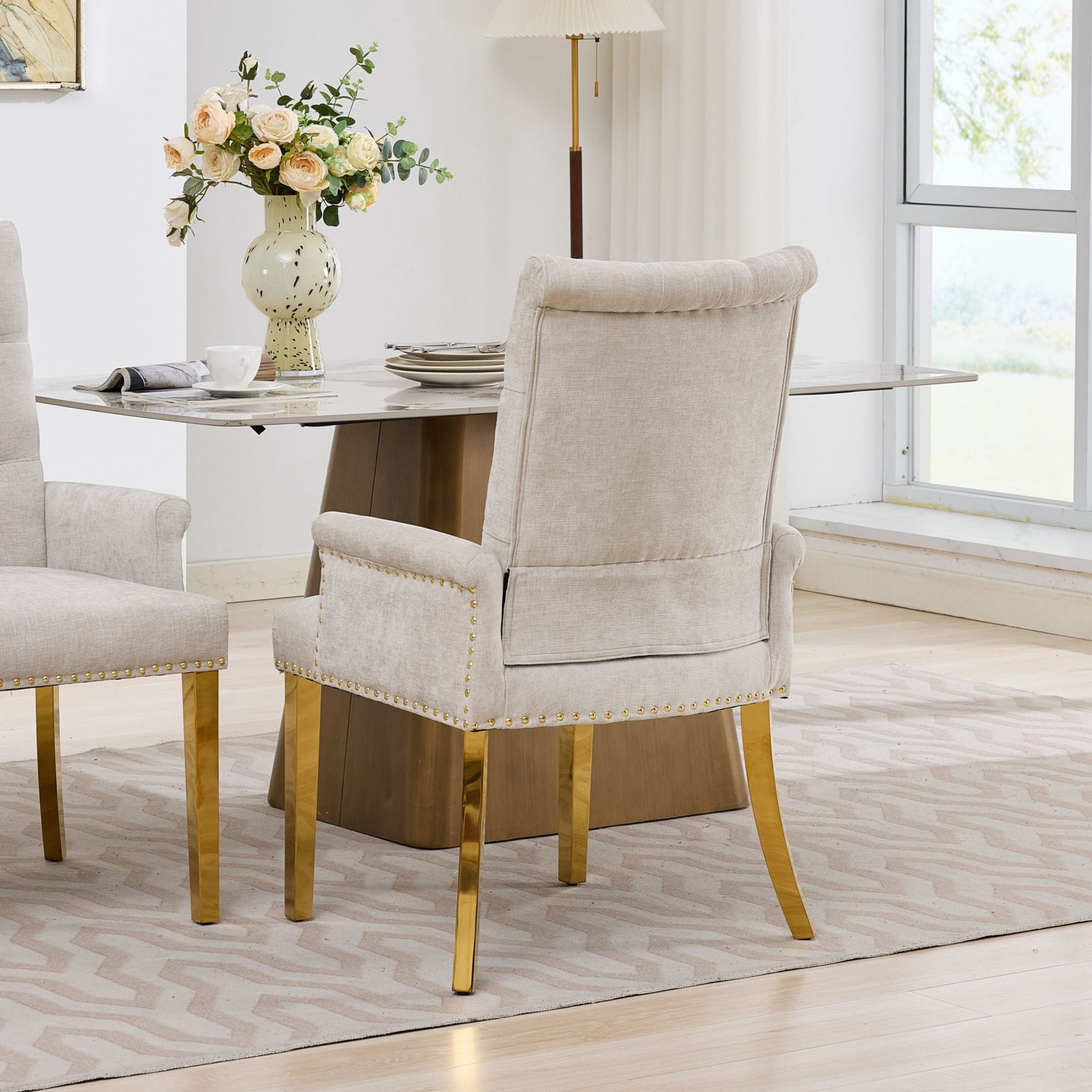 GDF Studio Upholstered Dining Chair with Button-Tufted Back, Nailhead Trim, Stainless Steel Legs, Beige