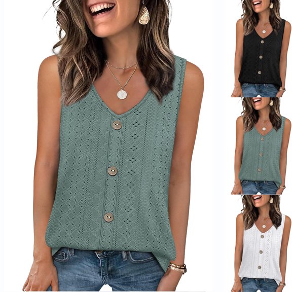 Women's Eyelet Embroidery Tank Tops with V Neck and Button Down Front Featuring Loose Sleeveless Silhouette Army Green L