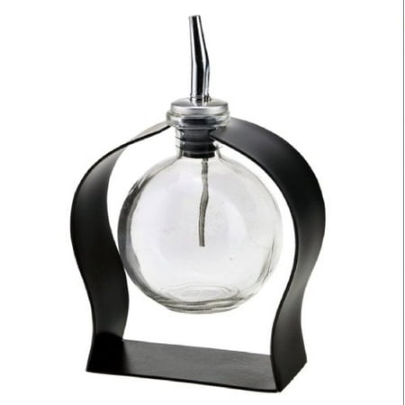 Vegetable Oil Container, Vinegar and Oil Dressing Bottle or Soap Dispenser Bathroom G322VM Clear Globe Style Glass Bottle with Stainless Pour Spout, Cork and Modern Powder Coated Black Metal Stand