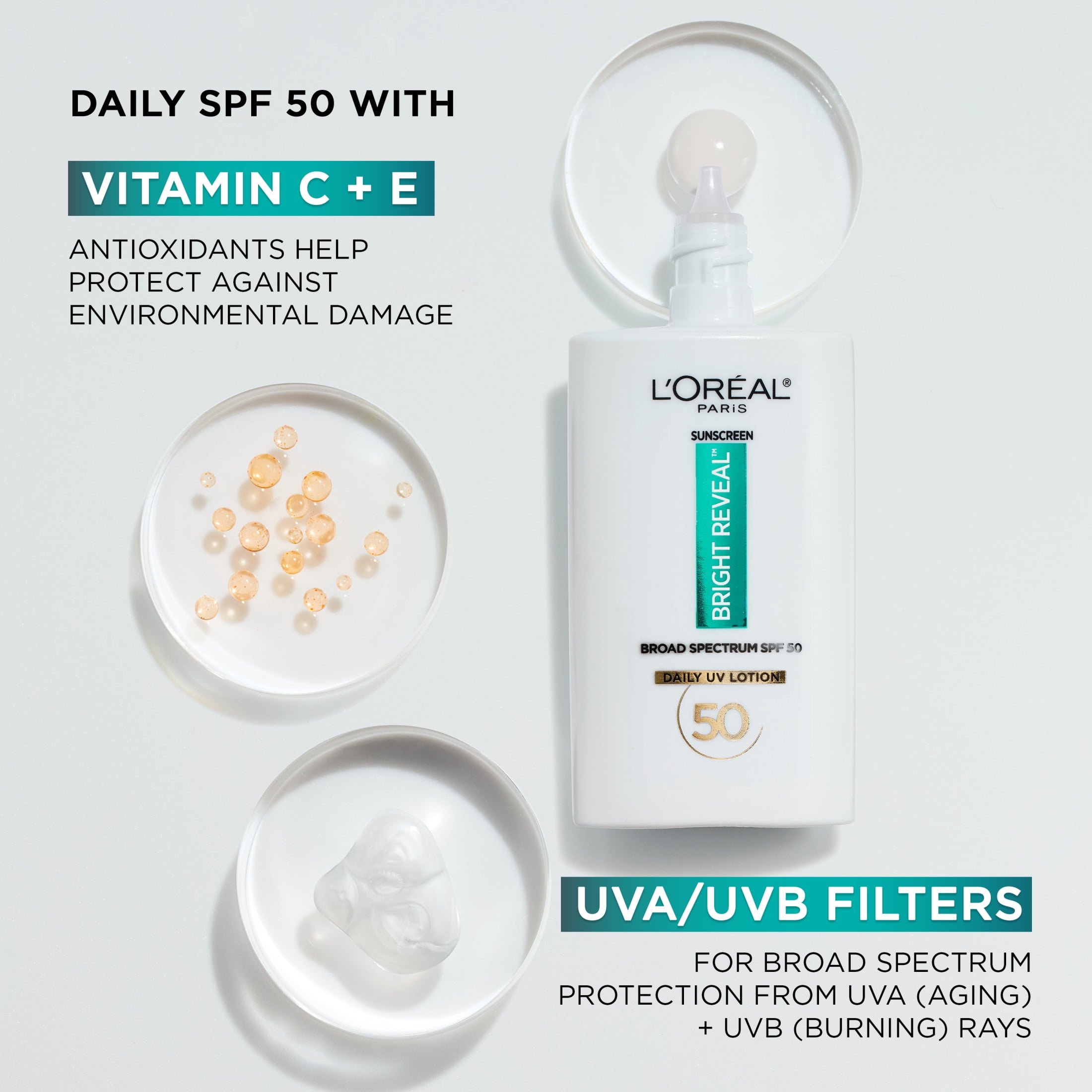 L'Oreal Paris Bright Reveal Daily UV Lotion SPF 50, Reduces Dark Spots, 1.7 fl oz