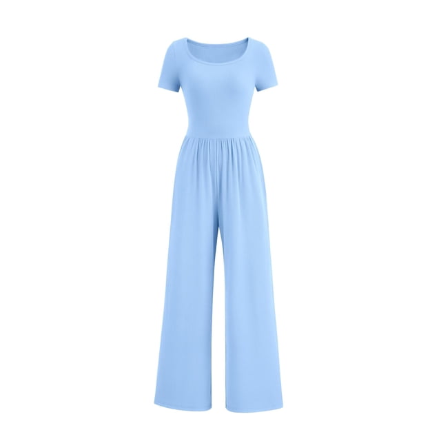 Mono de Pierna Ancha para Mujer PRETTYGARDEN Cuello Cuadrado M Azul Claro