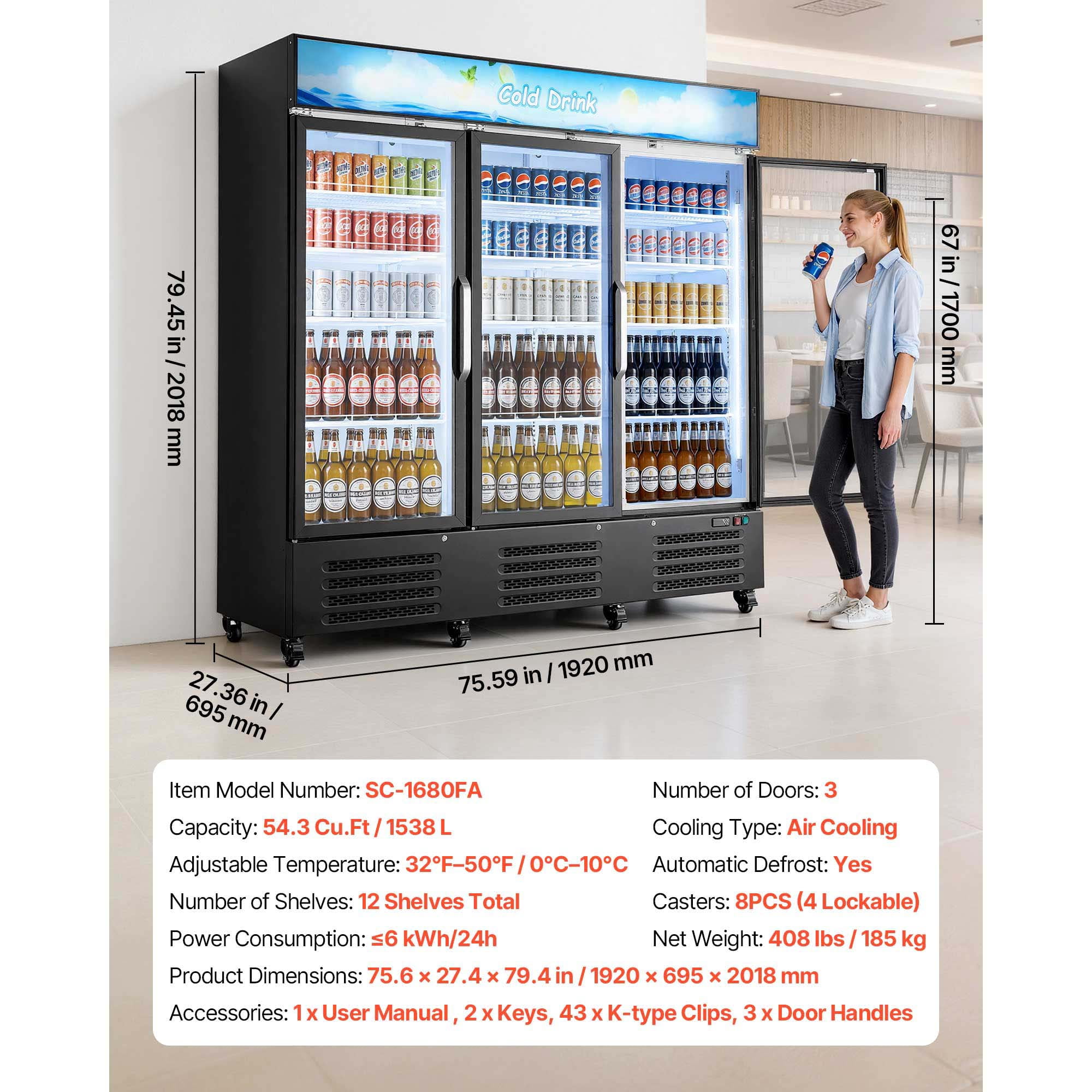 KFFKFF Commercial Merchandiser Refrigerator, 54.3 Cu.Ft / 1538L Beverage Cooler with Glass Doors, Customizable Lightbox, 12 Adjustable Shelves, LED Lighting & Casters