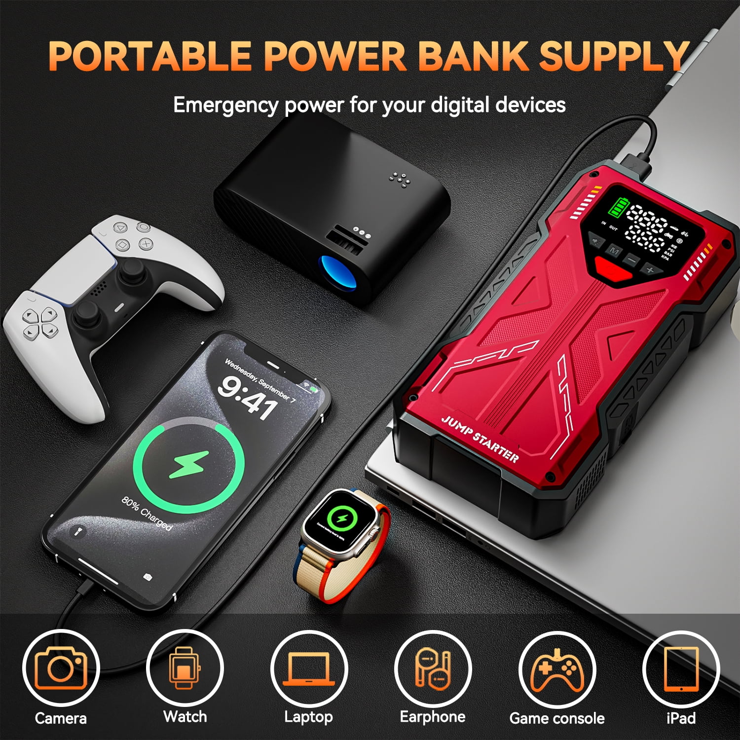 Geeneu Jump Starter with Compressor, 6000A Jump Box Car Battery Charger, Portable Jumper Starter Power Pack (10.0L Gas/8.0L Diesel),Rodeside Emergency Kit for Vehicle/Motorcycle Combo Tire Inflator