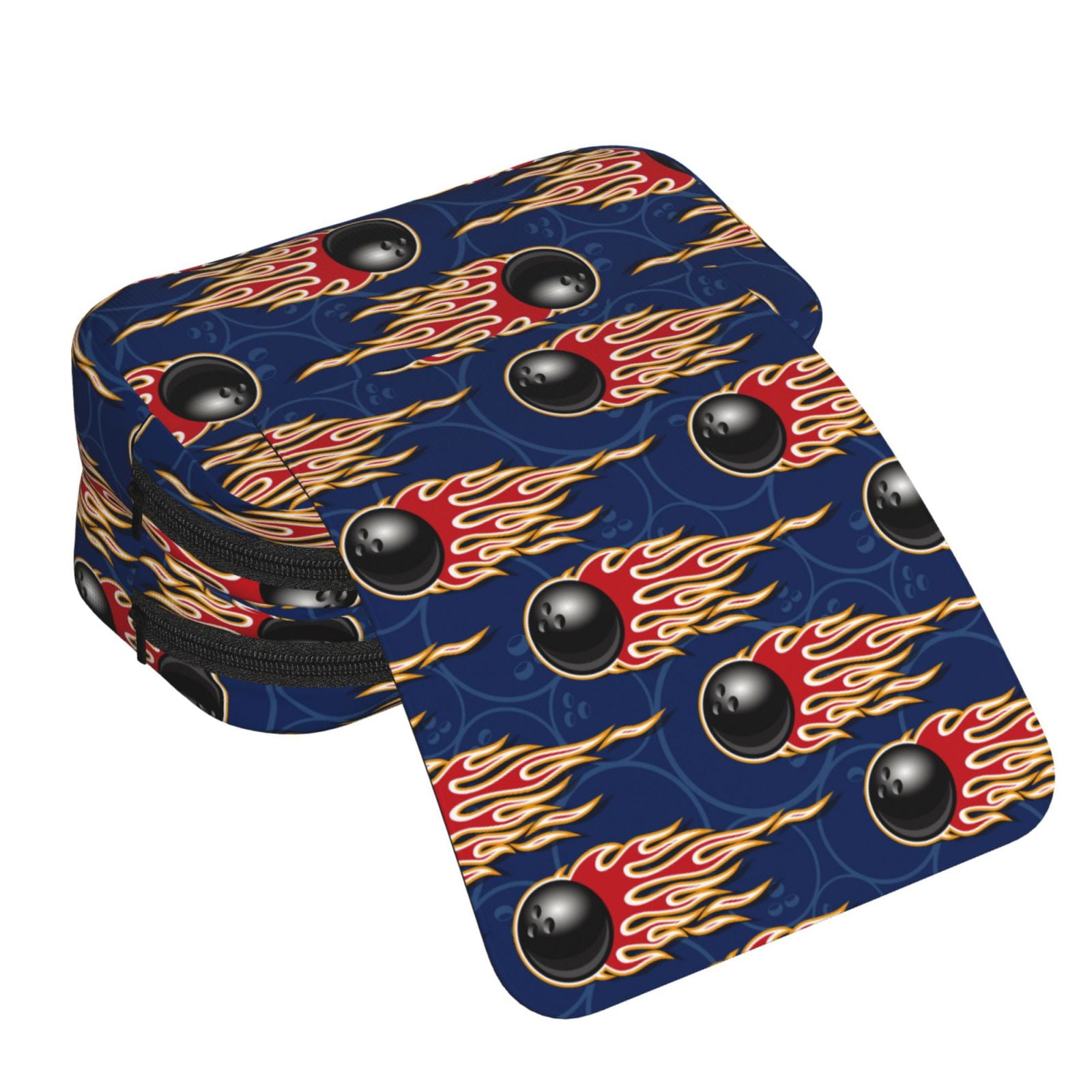 Rateoe Bowling Ball And Flame Pattern Double Clamshell Pen Case, Storage Organizer with Two Zipper Compartments– Holds Up to 50 Pencils & Pens
