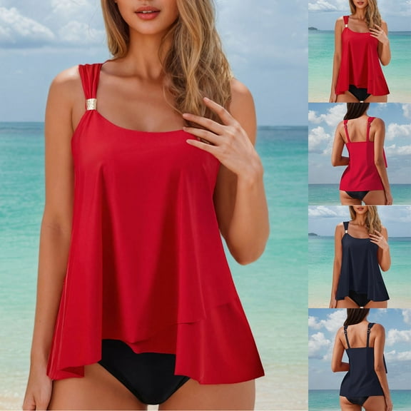 UTSJKR 2 Piece Bathing Suits for Women 2025 Ruffle Tank Tops with Shorts Tankini Swimsuits High Waisted Flowy Swimwear Black M