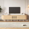 thumbnail image 1 of Modern TV Stand for 65 Inch TV with Rattan Drawer & Sliding Doors, 64.9 Inch Oval Media Console Storage Cabinet, Entertainment Center for Small Space Living Room(Light Oak+64.9 inch), 1 of 18