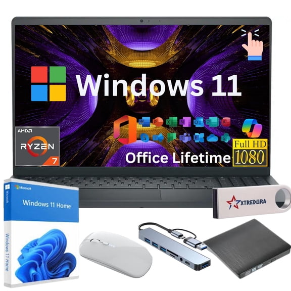 Dell 15 Inspiron 3535 Full HD Touch Laptop,AMD Ryzen 7 7730U (Beat I7-1250U),16GB RAM,1TB SSD,Windows 11 Home,Lifetime MS Office/Xtredura Flash Drive