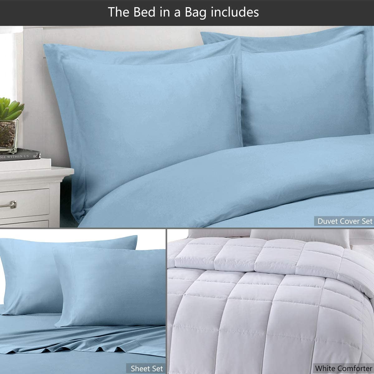 Sheetsnthings 8pc Bed in a Bag Set: Full Size, Viscose from Bamboo, Solid Blue (Sheet Set & Duvet Cover Set) + White Down Alternative Comforter