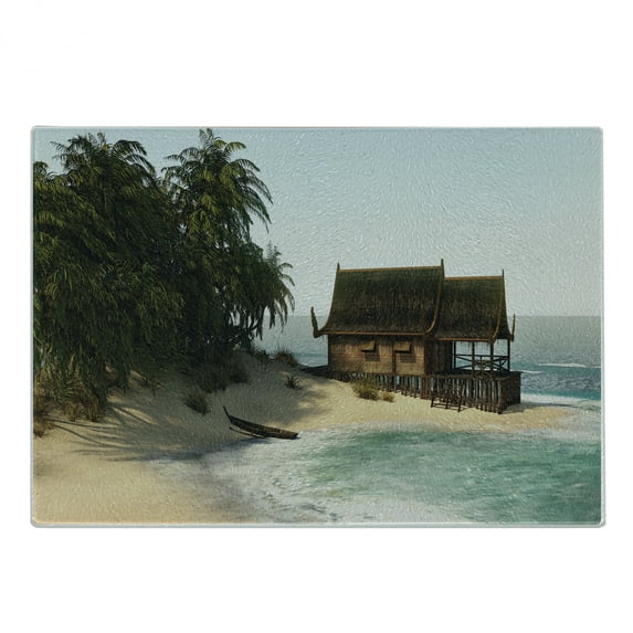 Travel Cutting Board, Illustration of a Relaxing Island House on the Coast with Palm Trees Exotic Vacation, Decorative Tempered Glass Cutting and Serving Board, in 3 Sizes, by Ambesonne