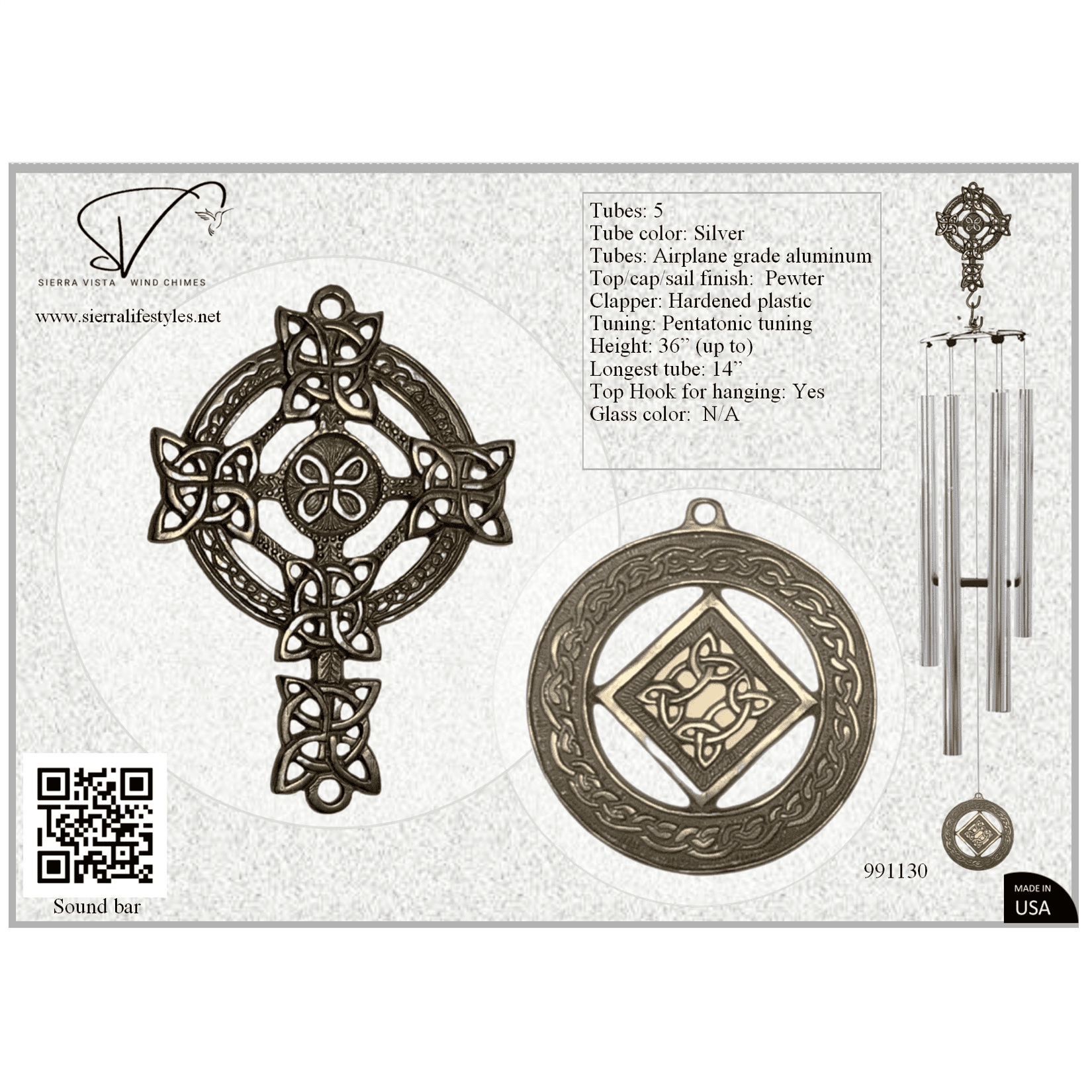 Wind Chime - 36in Cross/Celtic - Silver Tube