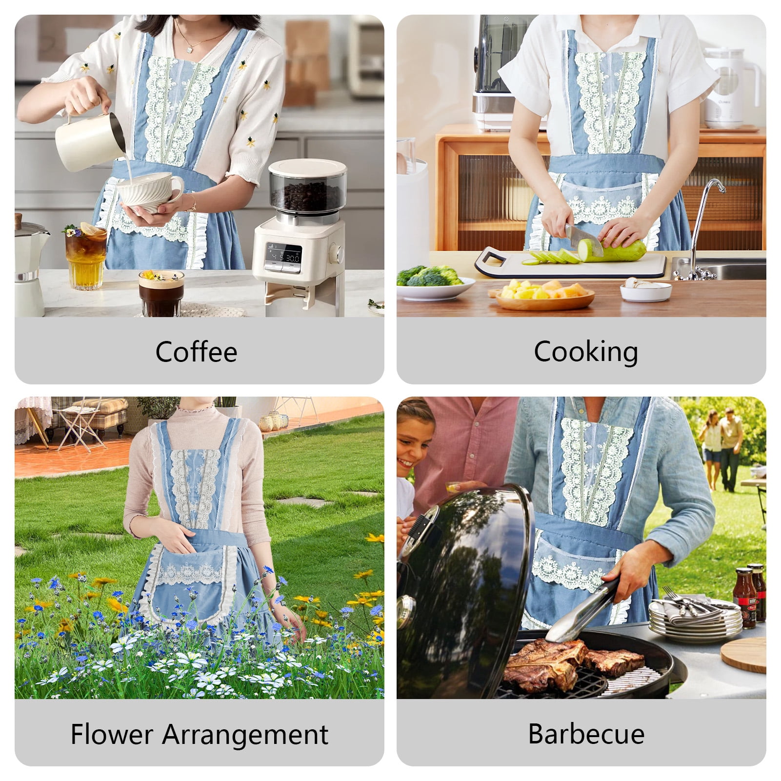 FEOYA Cotton Apron for Women Kitchen Apron Vintage Pinafore Apron Dress Chef Lace Aprons with Pockets for Cooking Baking Gardening Work Cake Blue